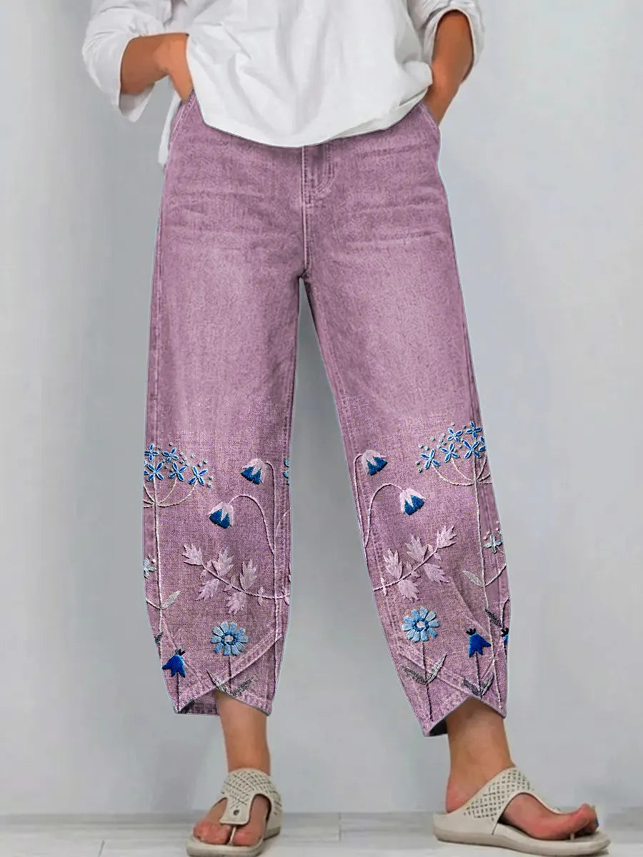 Marilena | Linen Embroidered Trousers for Women
