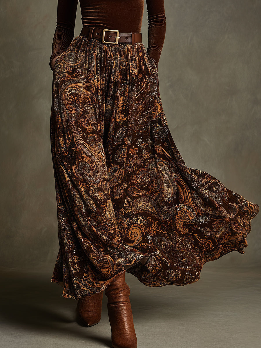 Delphine | Stretch Velvet Top &amp; Paisley Print Maxi Skirt Set with Belt