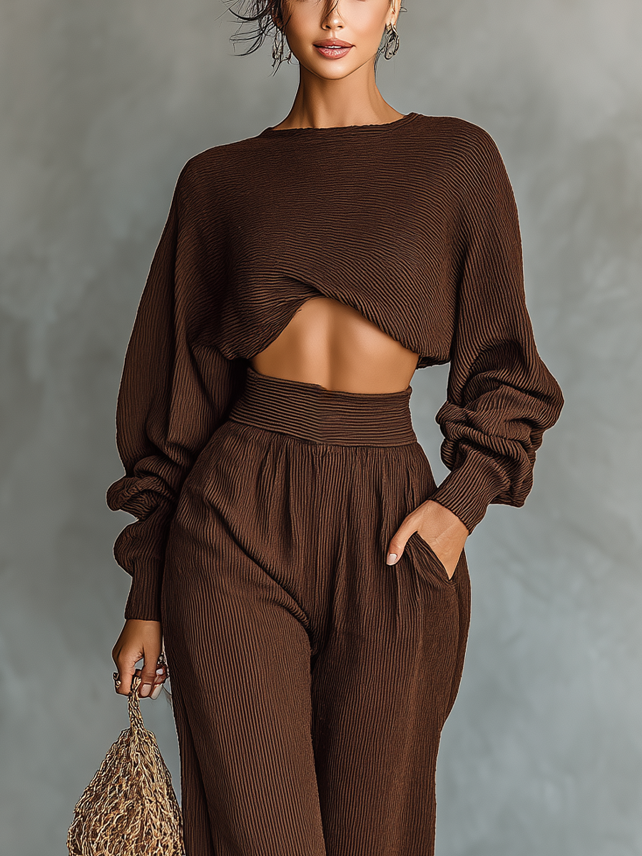 Natividad | Short Top and Wide-Leg Pants Knitted Set for Women