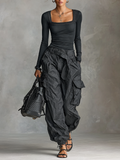 Gaëlle | Square Neck Shirt and Cargo Pants Set for Women