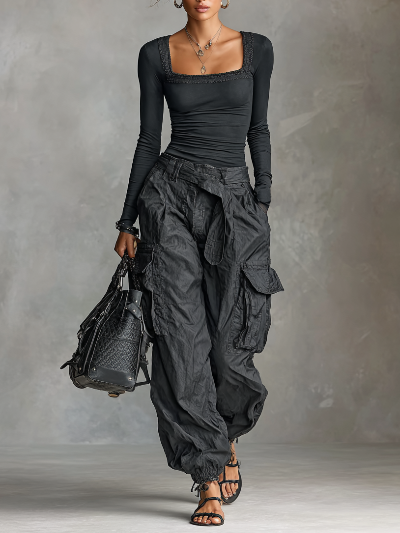 Gaëlle | Square Neck Shirt and Cargo Pants Set for Women