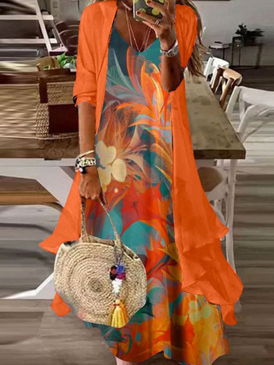 Maite | Orange Print Dress and Jacket Set for Women