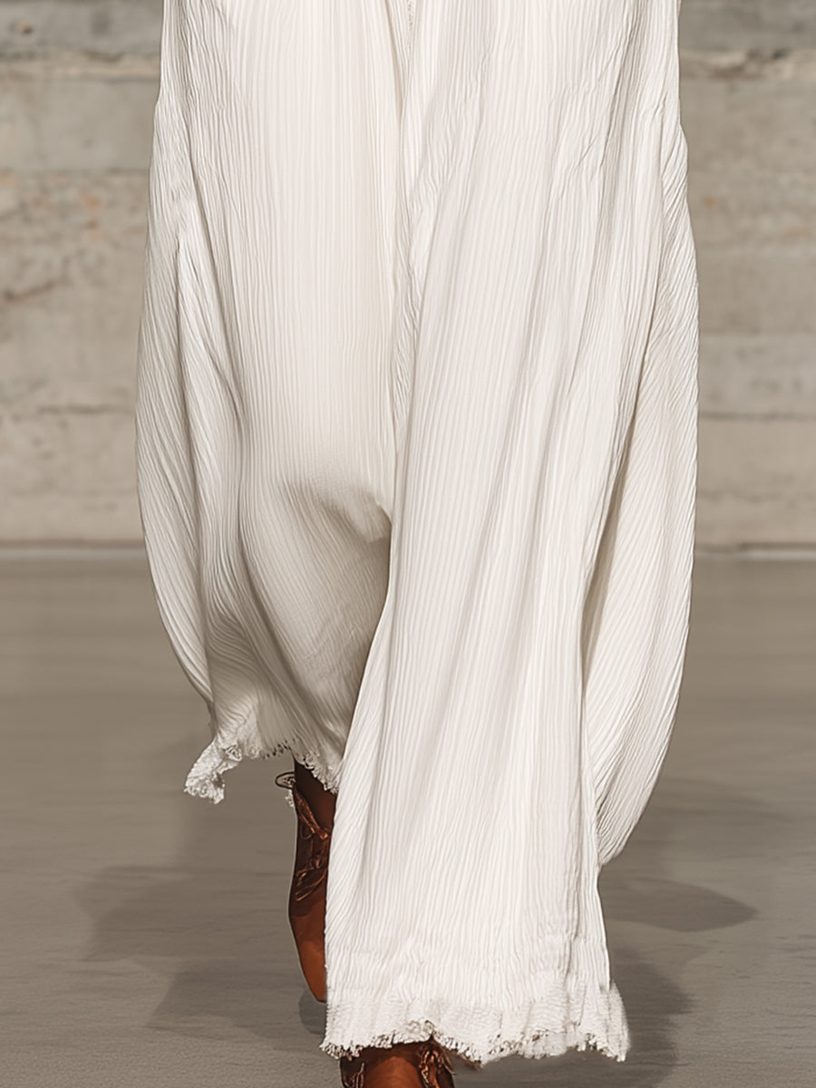 Noemie | White Elastic Waist Wide-Leg Trousers for Women