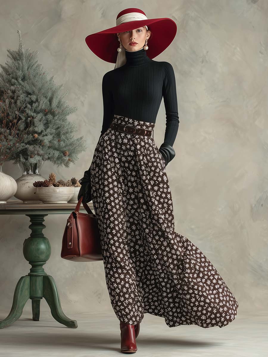 Zafira | Turtleneck Top and Snowflake Print Skirt Set for Women