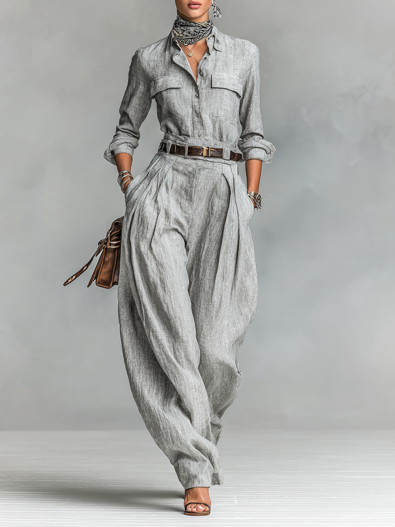 Erminia | Cotton-Linen Blend Shirt &amp; Trousers Two-Piece Set for Women
