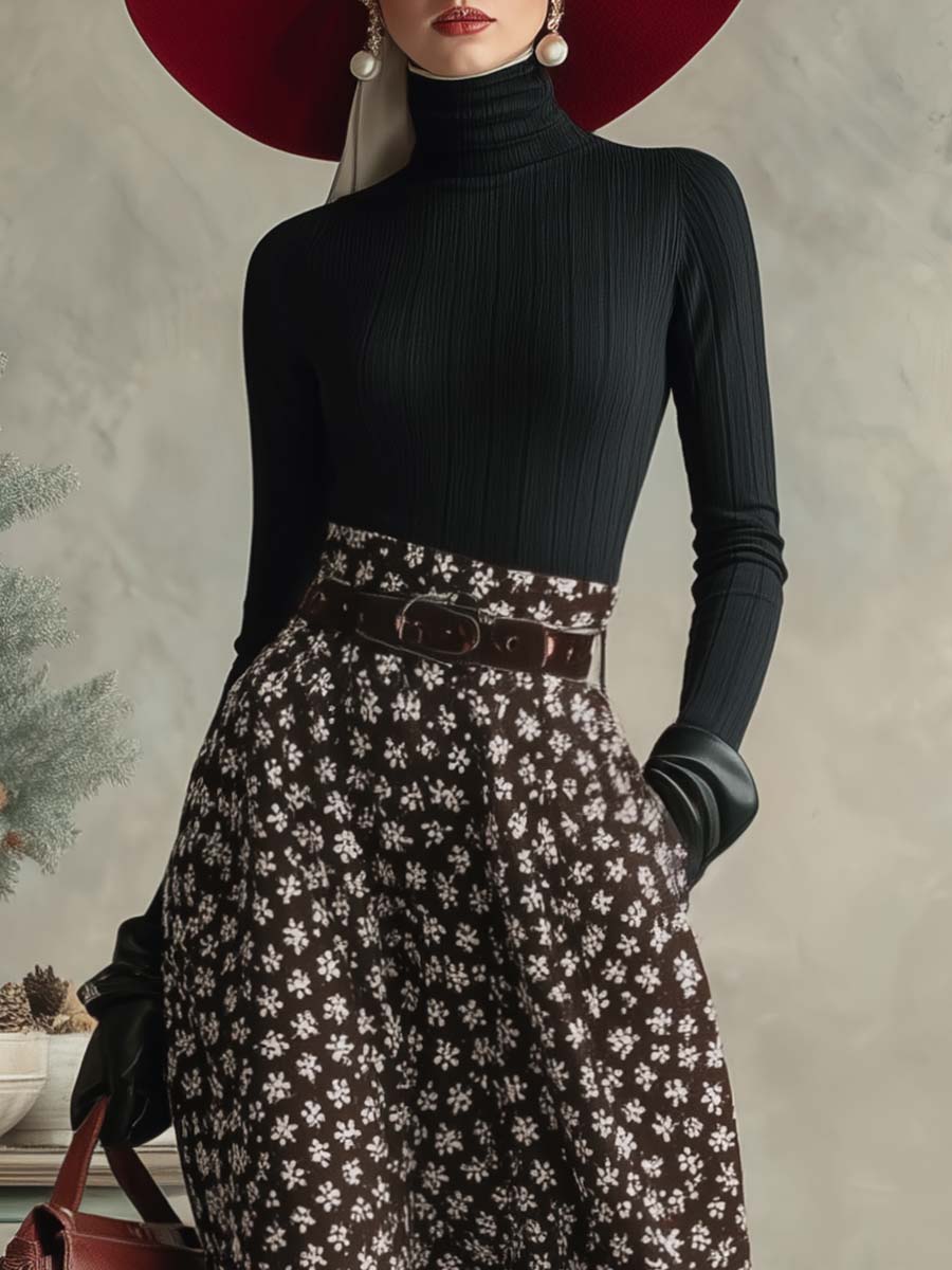Zafira | Turtleneck Top and Snowflake Print Skirt Set for Women