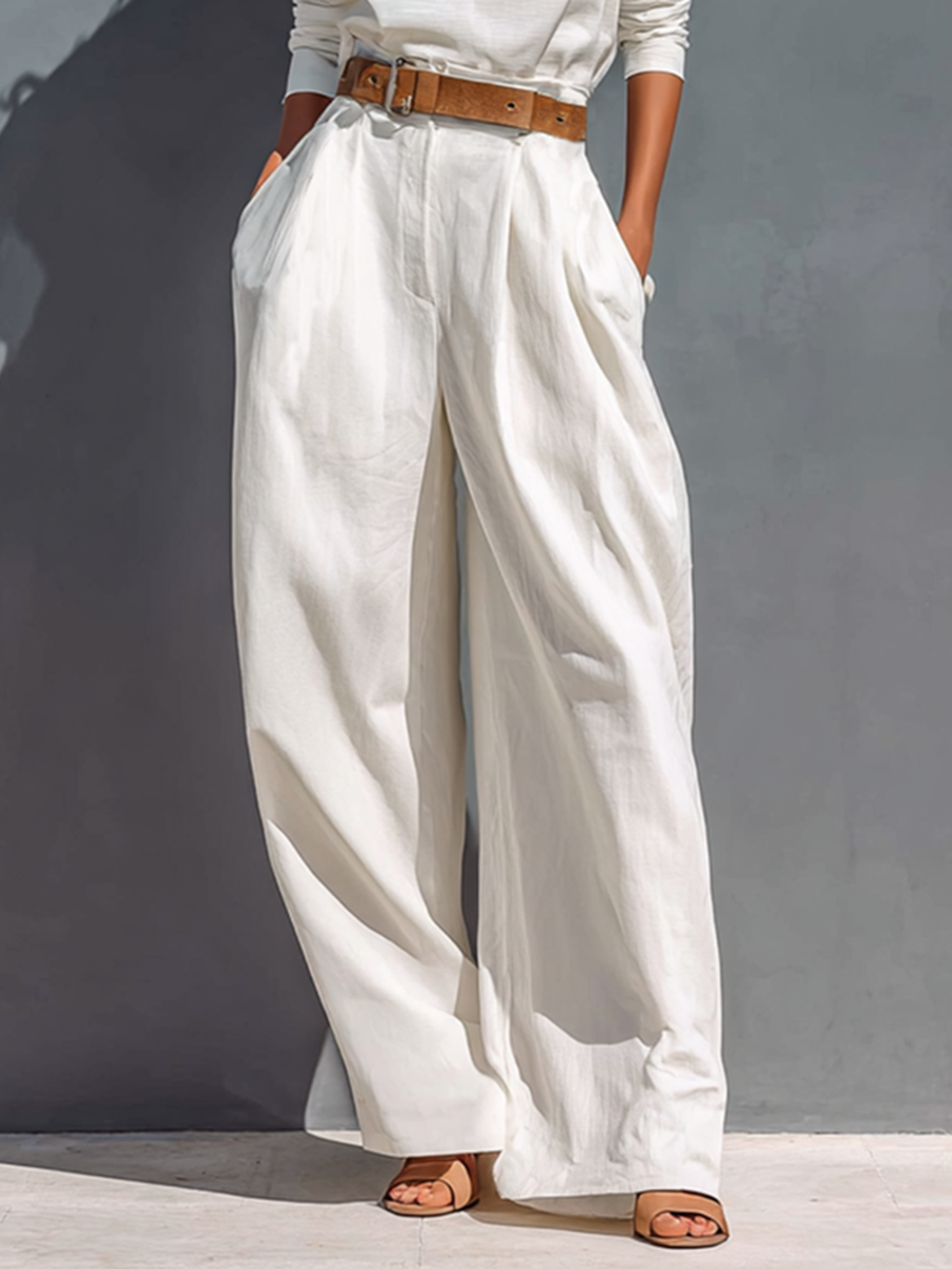 Isabeau | White High Neck Tee and Wide-Leg Pants Set for Women
