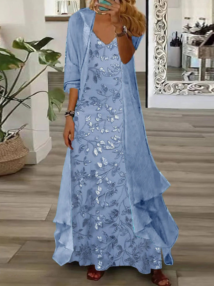 Bree | Floral V-Neck Long-Sleeve Two-Piece Maxi Set for Women