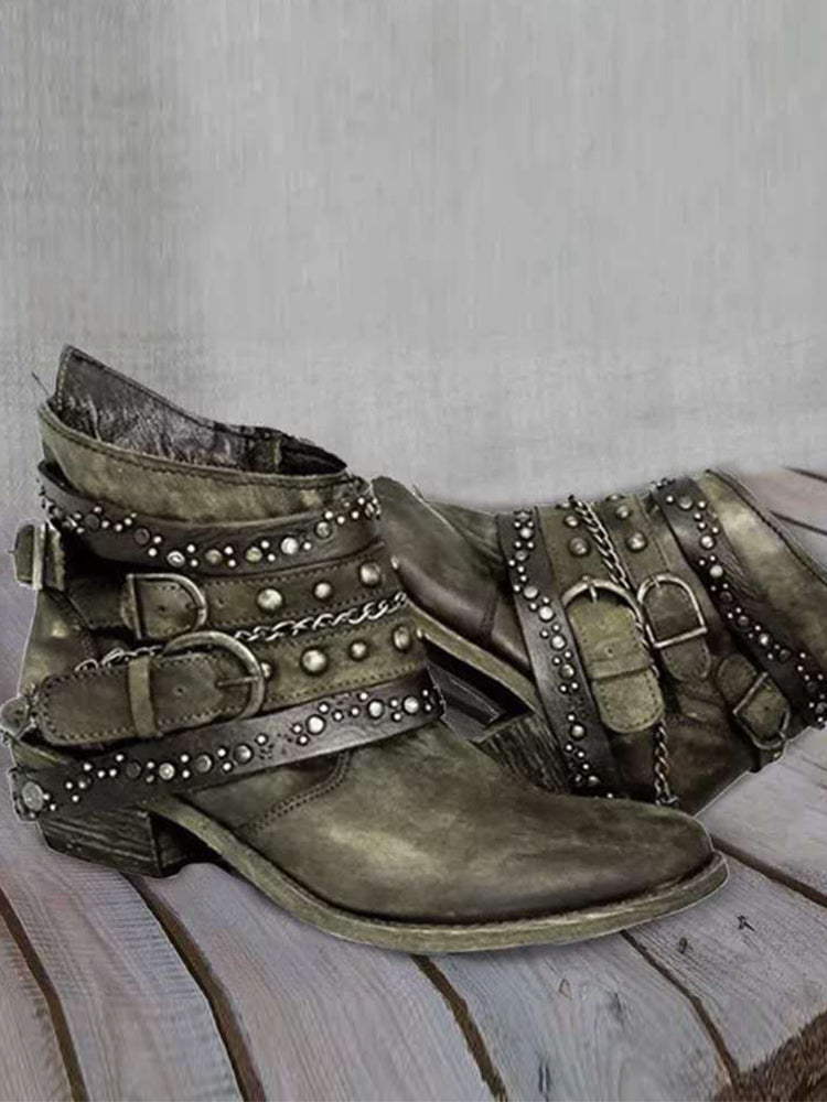 Christelle | Vintage Washed Studded Buckle Ankle Boots