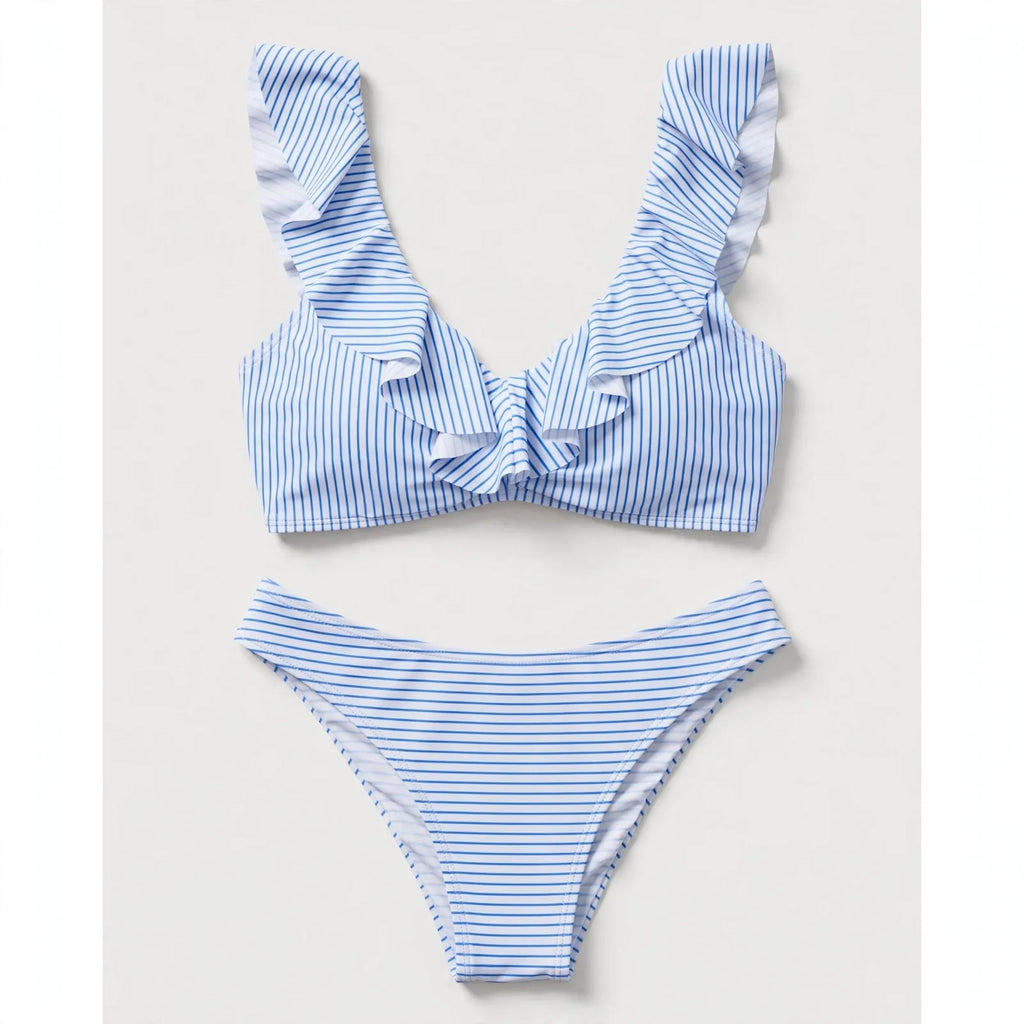 Rhiannon | Blue Stripe Ruffle Trim Bikini Set