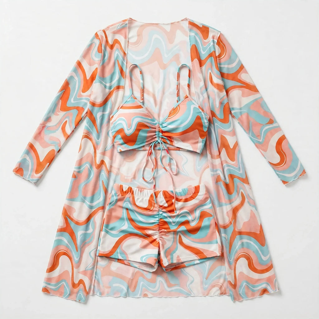 Mikayla | Swirl Print Bikini Set with Sheer Cover Up