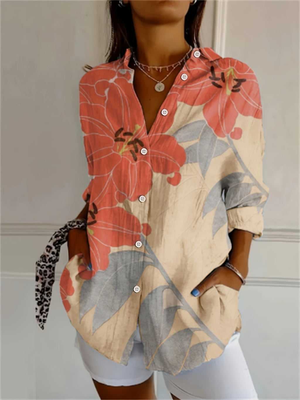 Adalgisa | Retro Geometric Floral V-Neck Blouse for Women