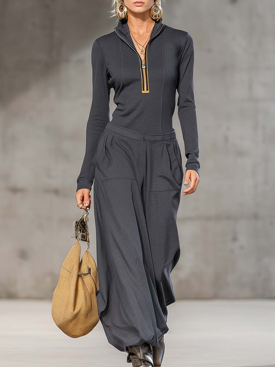 Ersilia | Casual Zipper Top and Wide Pants Set for Women