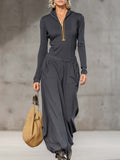 Ersilia | Casual Zipper Top and Wide Pants Set for Women