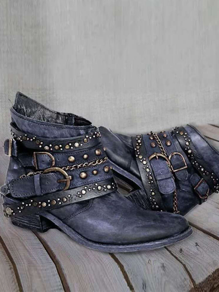 Christelle | Vintage Washed Studded Buckle Ankle Boots
