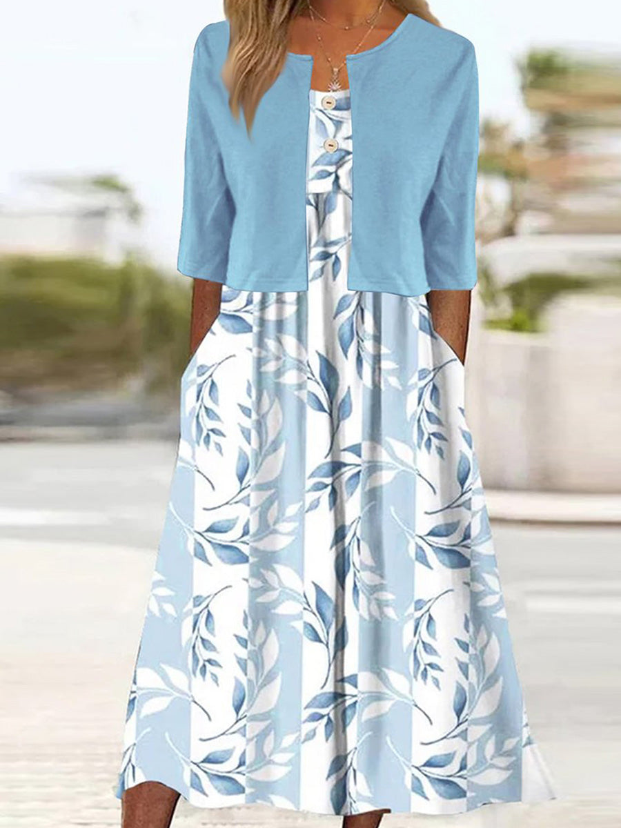 Laurel | Leaf Print Midi Dress with Jacket Set for Women
