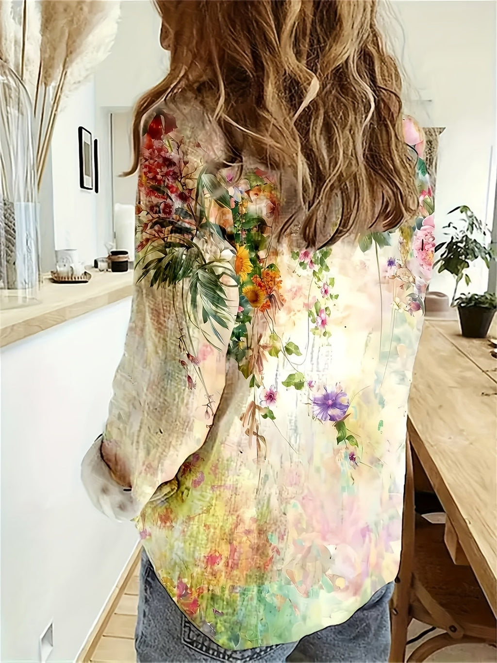 Ivory | Floral V-Neck Long-Sleeve Blouse for Women