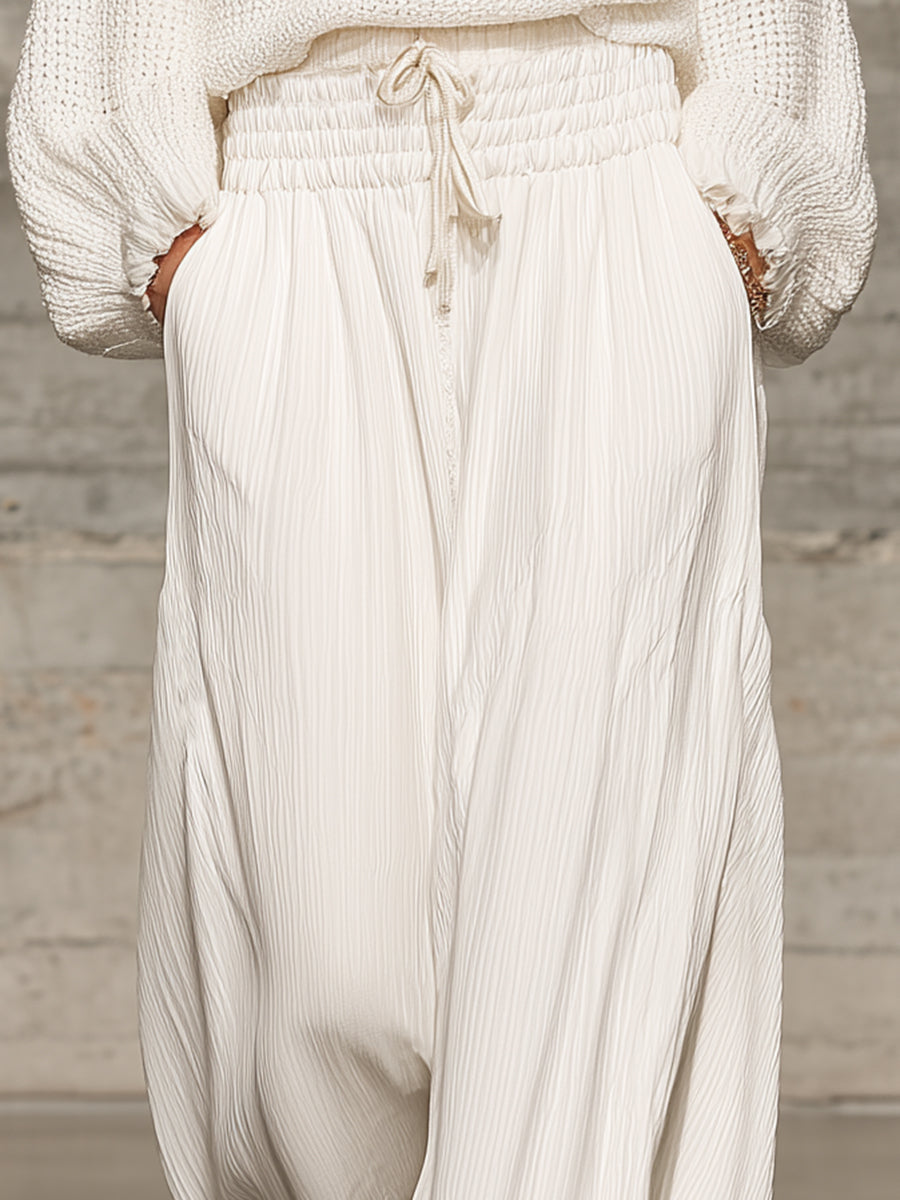 Noemie | White Elastic Waist Wide-Leg Trousers for Women