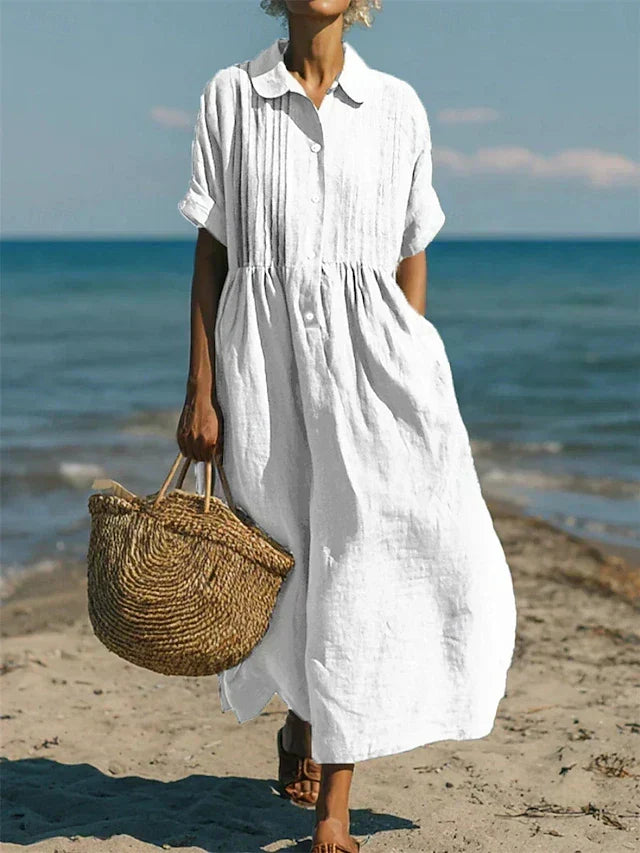 Chelsea | Pintuck Linen Look Maxi Shirt Dress