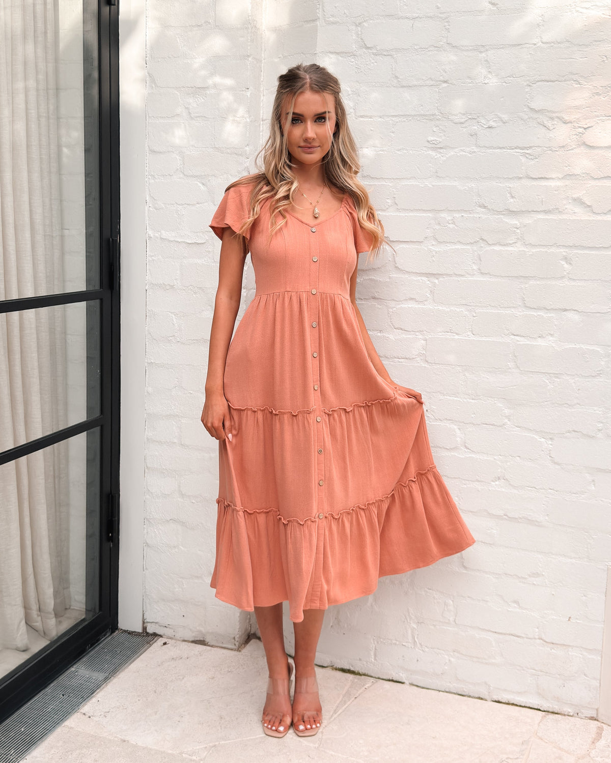 Caterina | Rust Linen Midi Dress