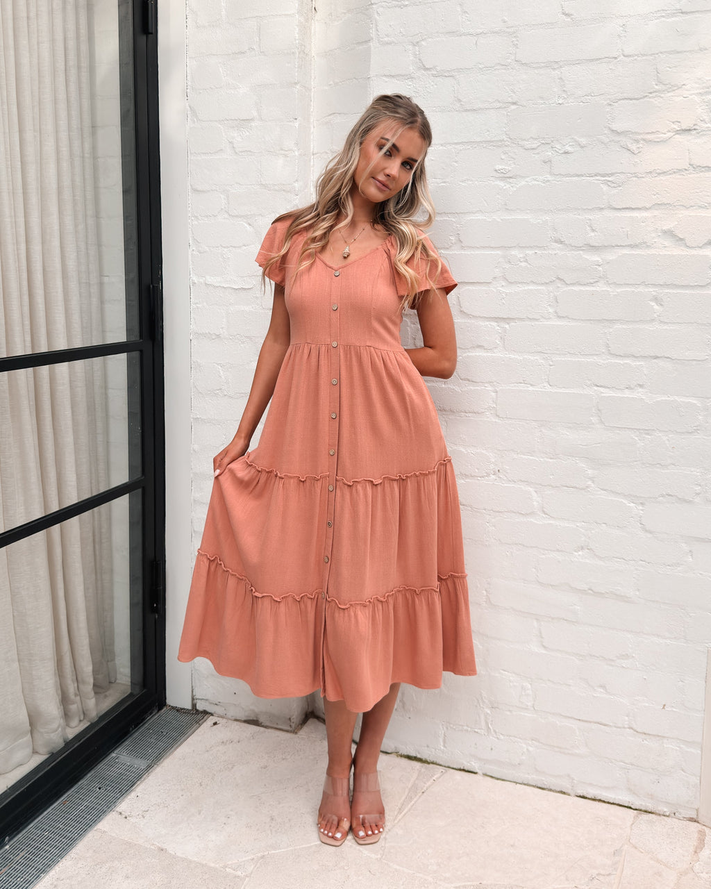 Caterina | Rust Linen Midi Dress