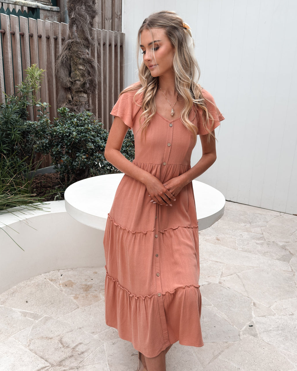 Caterina | Rust Linen Midi Dress