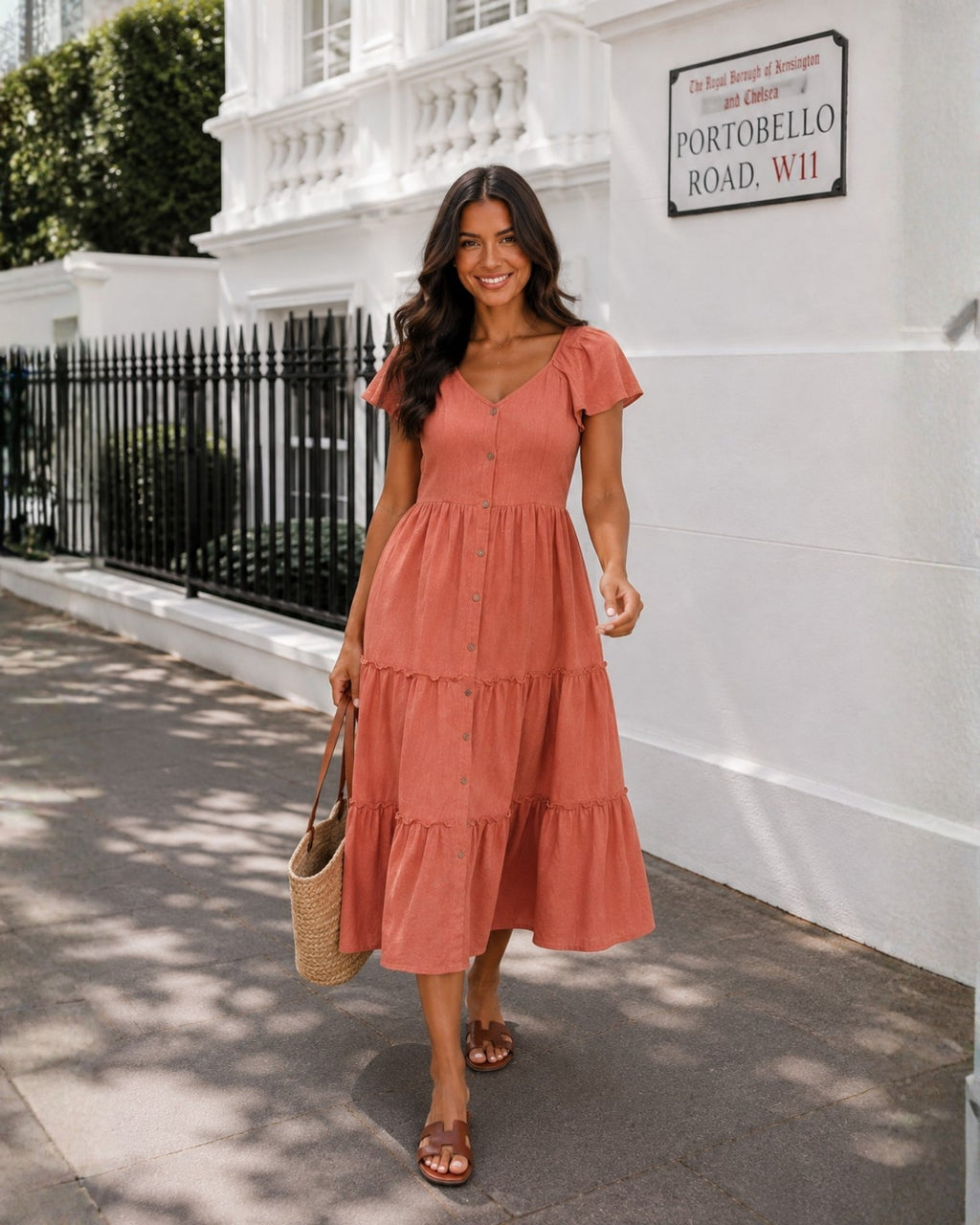 Caterina | Rust Linen Midi Dress