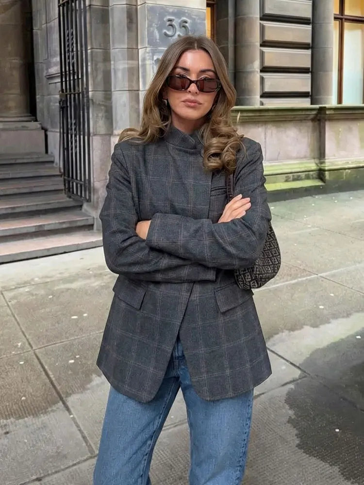 Léa | Plaid Single-Button Long Sleeve Blazer for Women