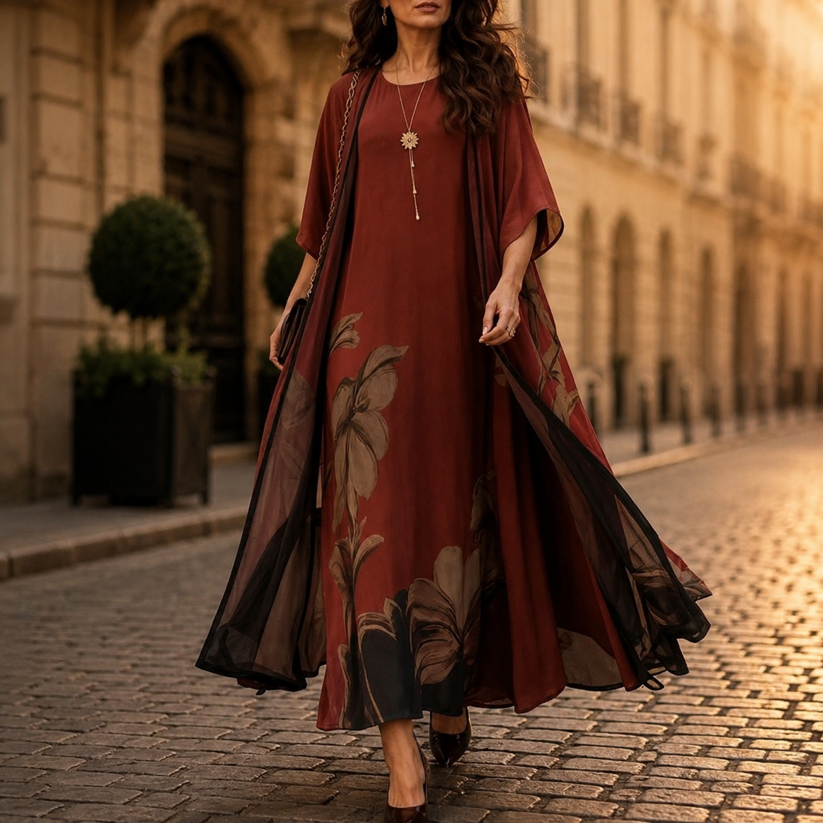 Florenza™ – Floral Maxi Dress and Sheer Voile Coat Set