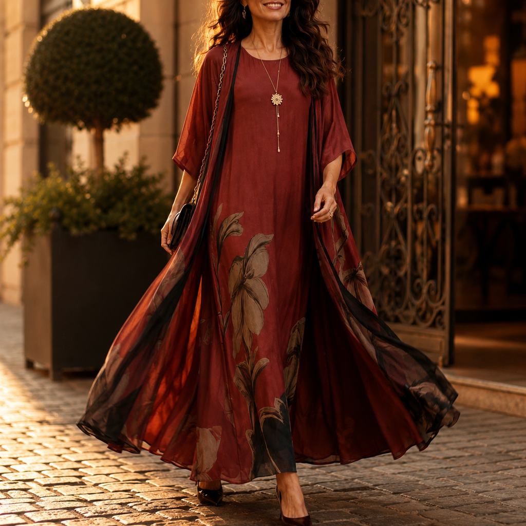 Florenza™ – Floral Maxi Dress and Sheer Voile Coat Set
