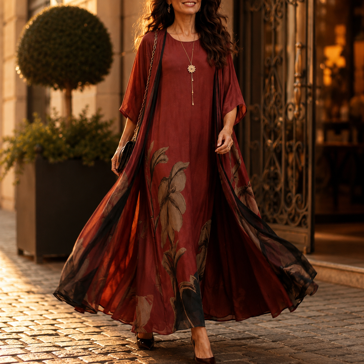 Florenza™ – Floral Maxi Dress and Sheer Voile Coat Set