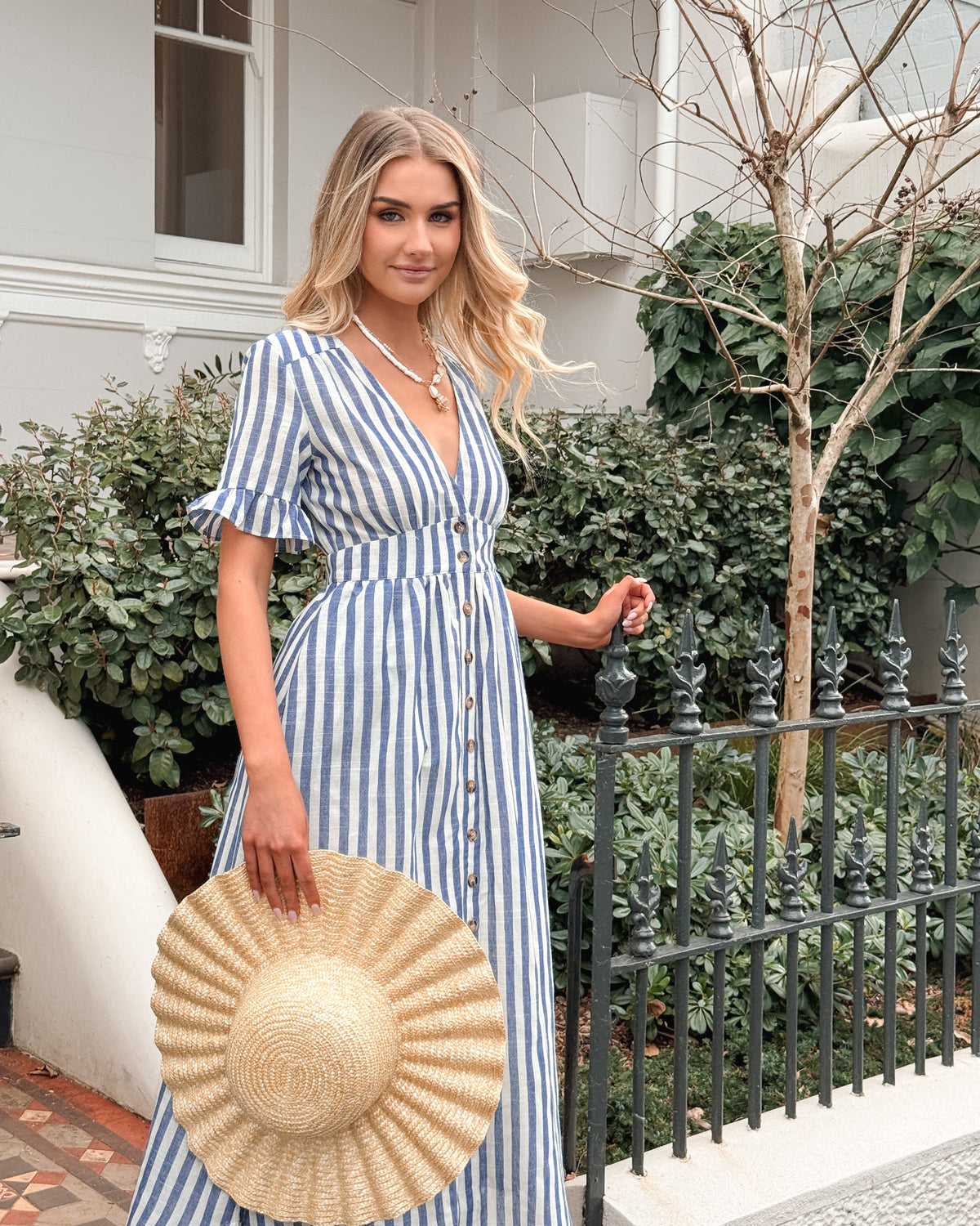 Serafina | Blue Striped Midi Dress