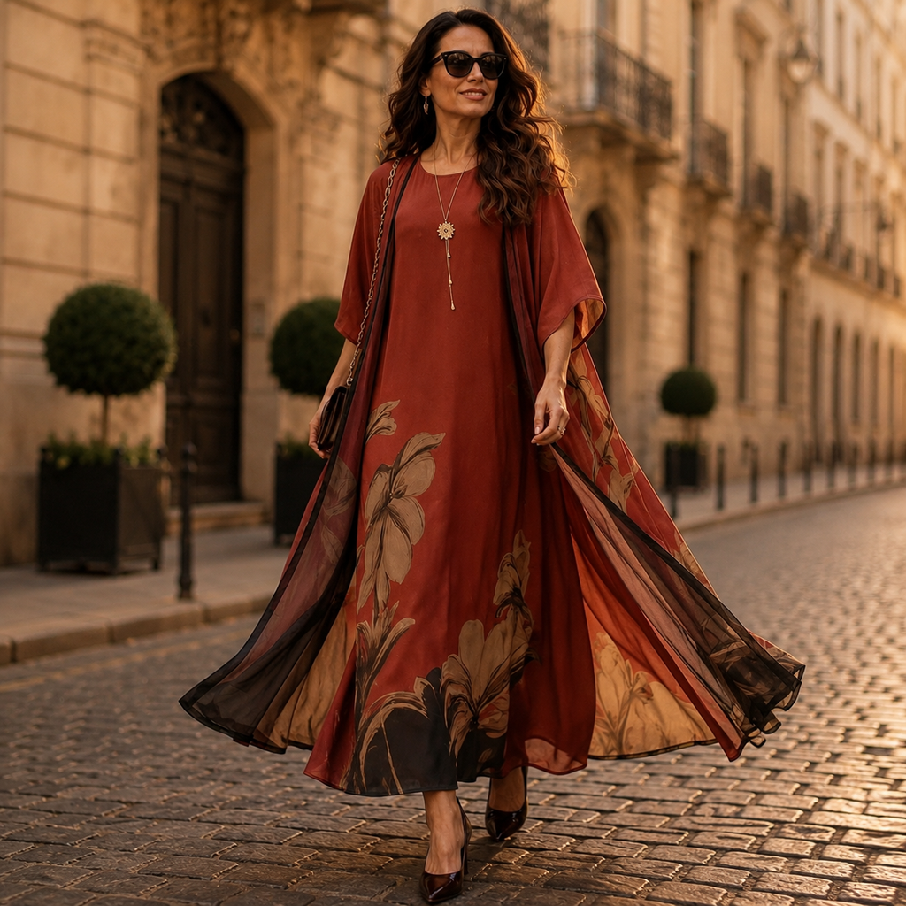 Florenza™ – Floral Maxi Dress and Sheer Voile Coat Set