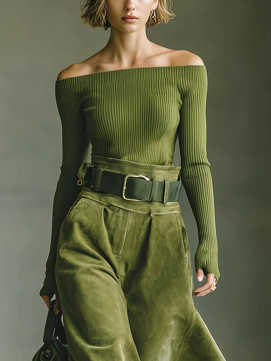 Carmina | Off-Shoulder Top and Faux Suede Skirt Set for Women