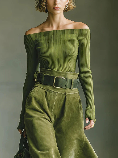 Carmina | Off-Shoulder Top and Faux Suede Skirt Set for Women