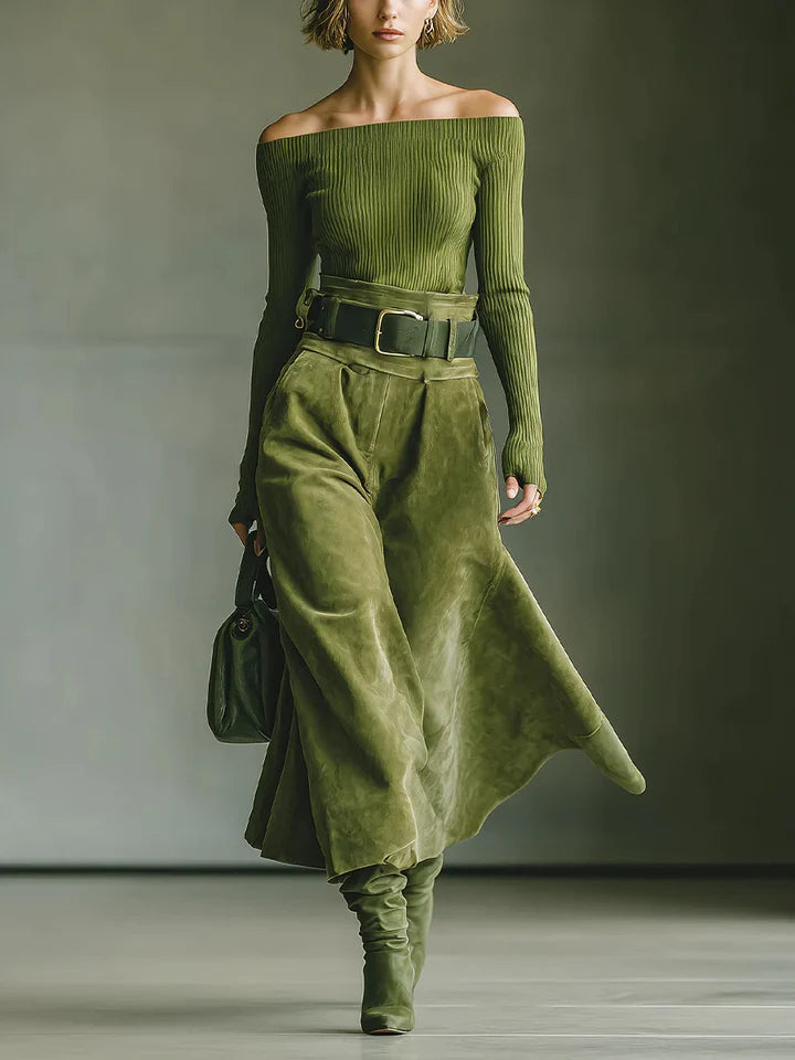 Carmina | Off-Shoulder Top and Faux Suede Skirt Set for Women