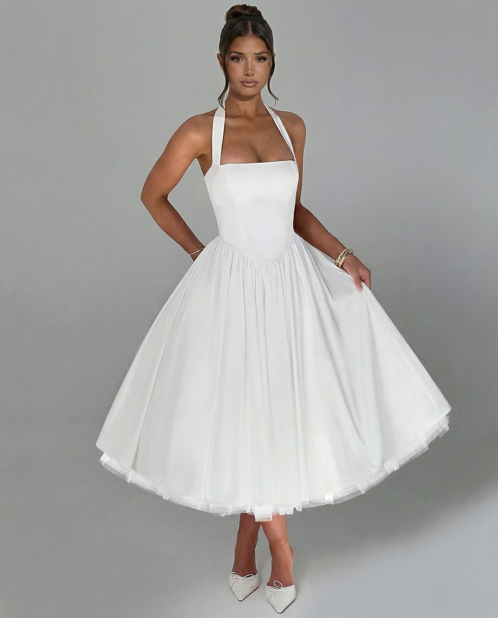 Natalia | Elegant White Midi Dress