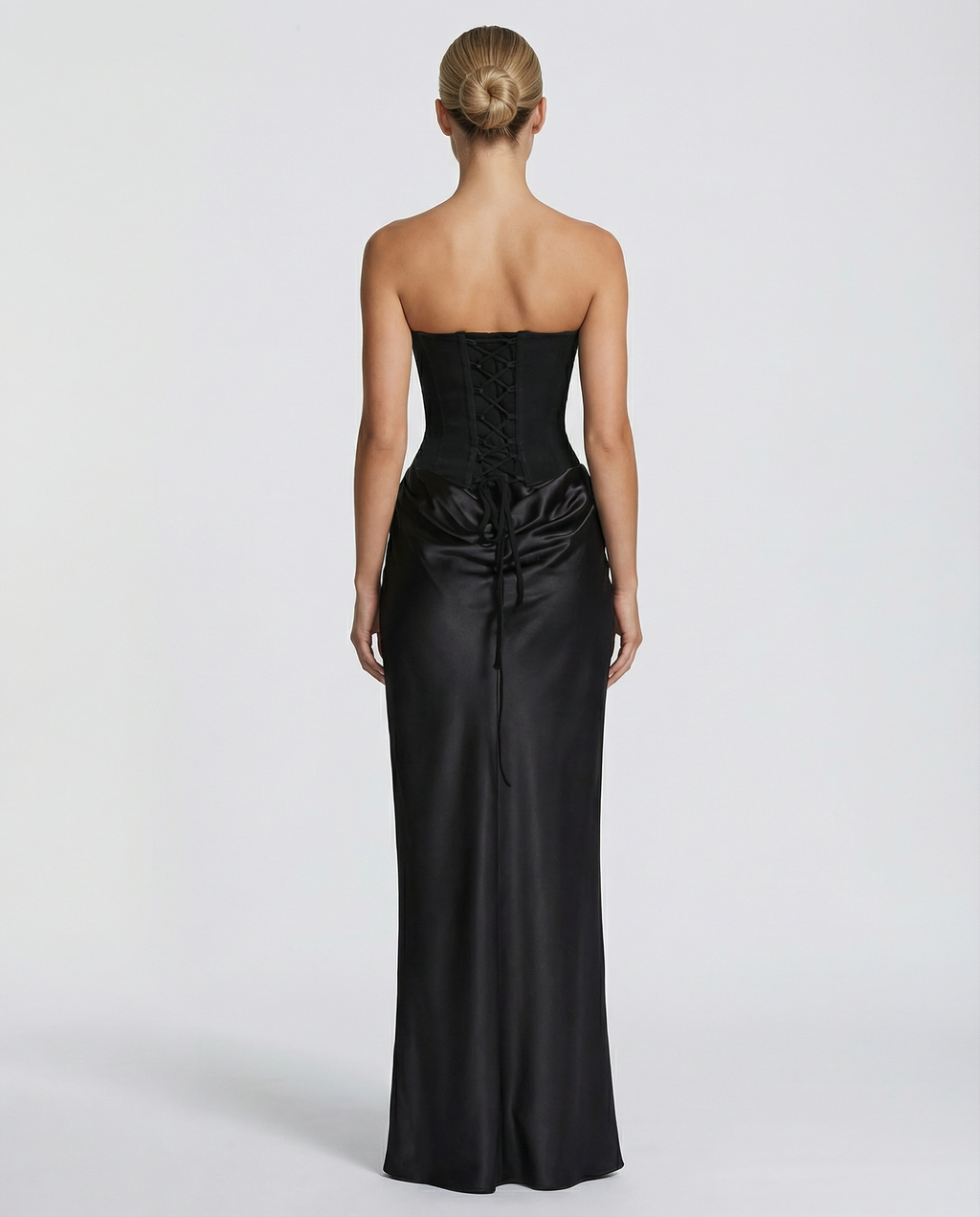Vivienne | Black Satin Corset Maxi Dress