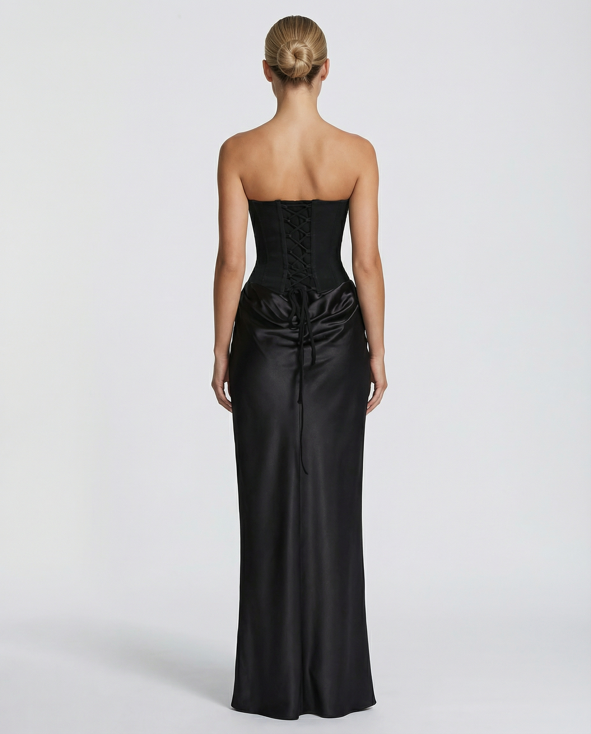 Vivienne | Black Satin Corset Maxi Dress