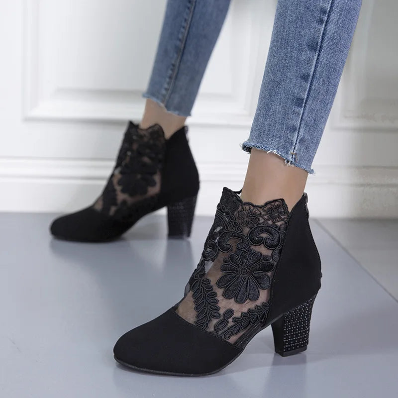 Heloise | Elegant Lacy Mesh High Heel Boots