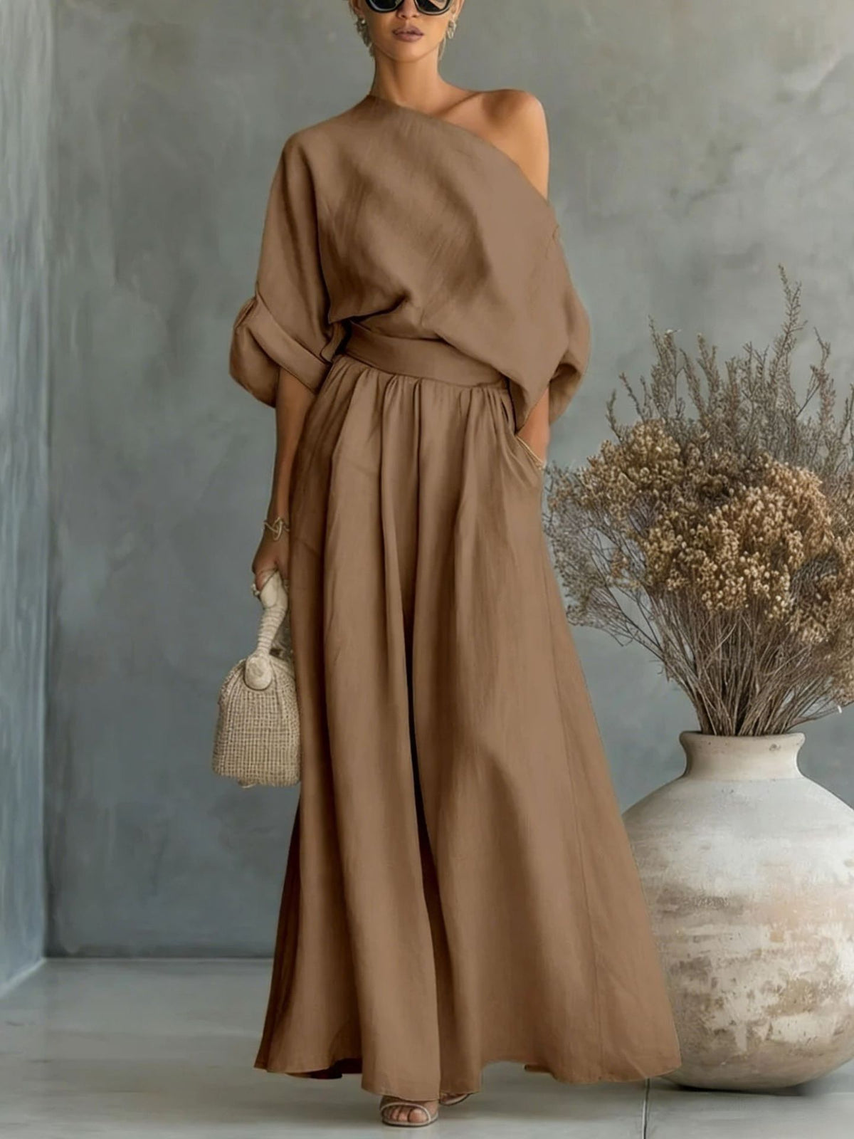 Sophia | One Shoulder Linen Maxi Two-Piece Set