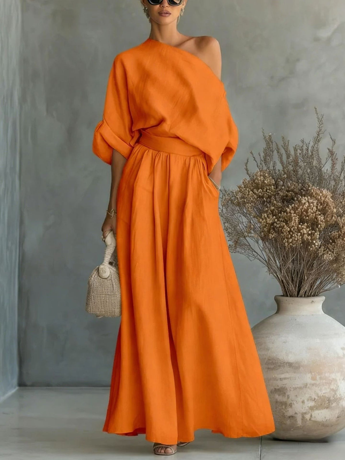 Sophia | One Shoulder Linen Maxi Two-Piece Set