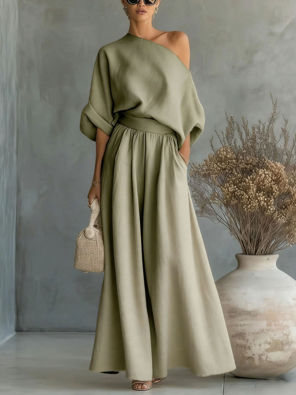 Sophia | One Shoulder Linen Maxi Two-Piece Set