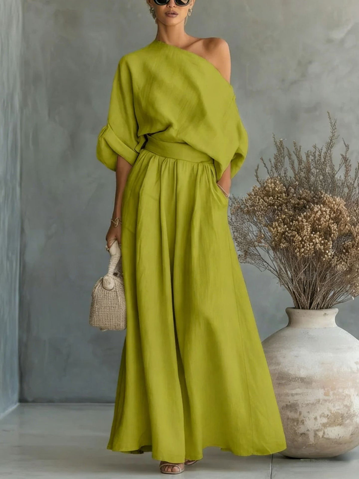 Sophia | One Shoulder Linen Maxi Two-Piece Set