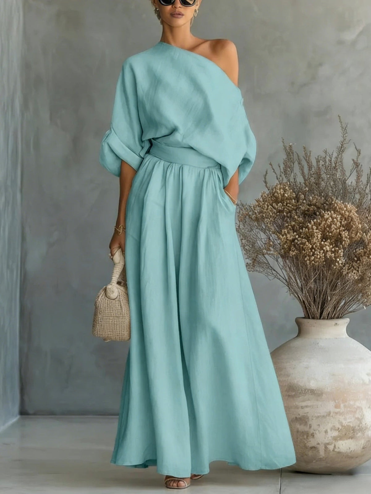 Sophia | One Shoulder Linen Maxi Two-Piece Set