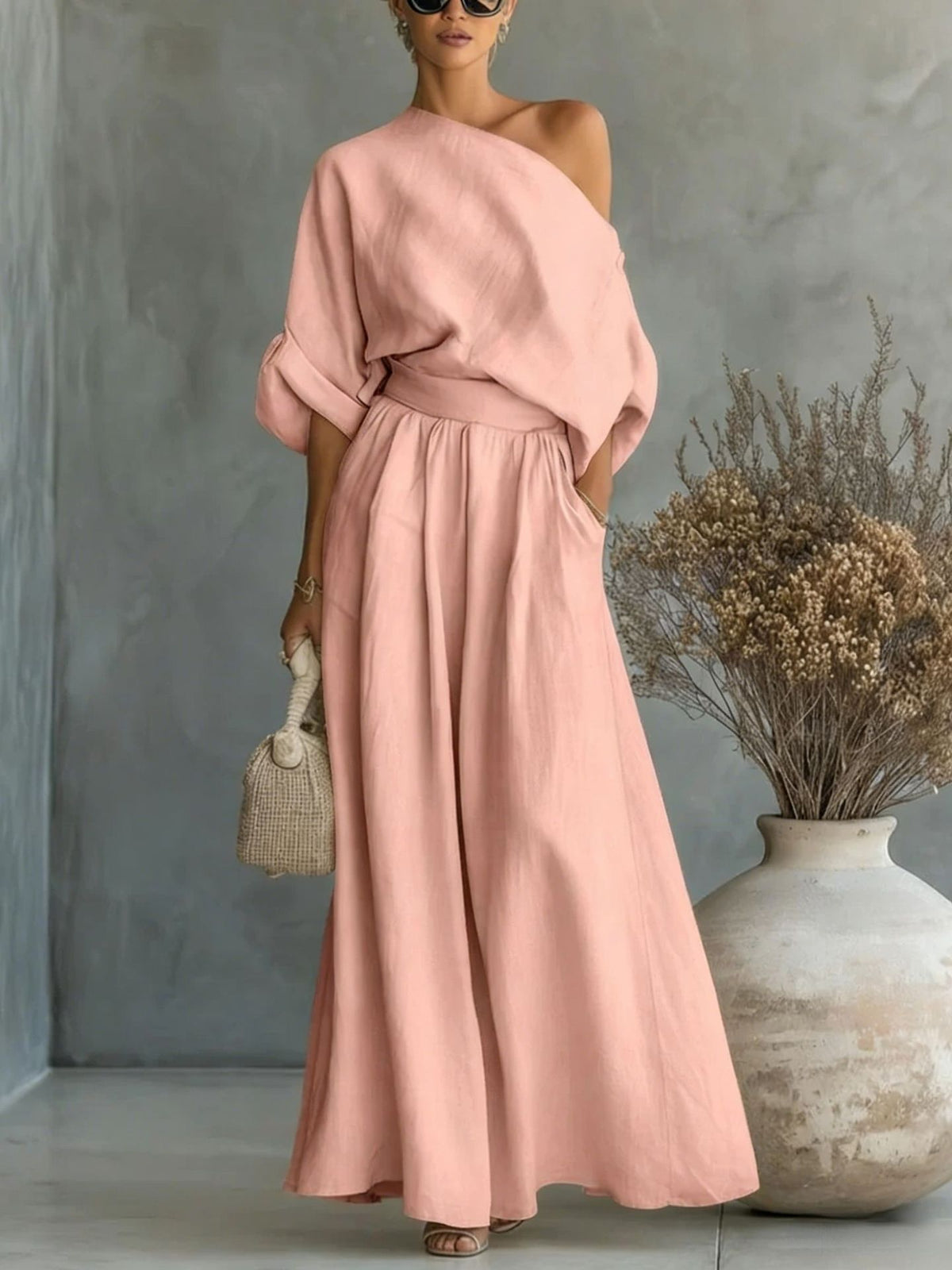 Sophia | One Shoulder Linen Maxi Two-Piece Set