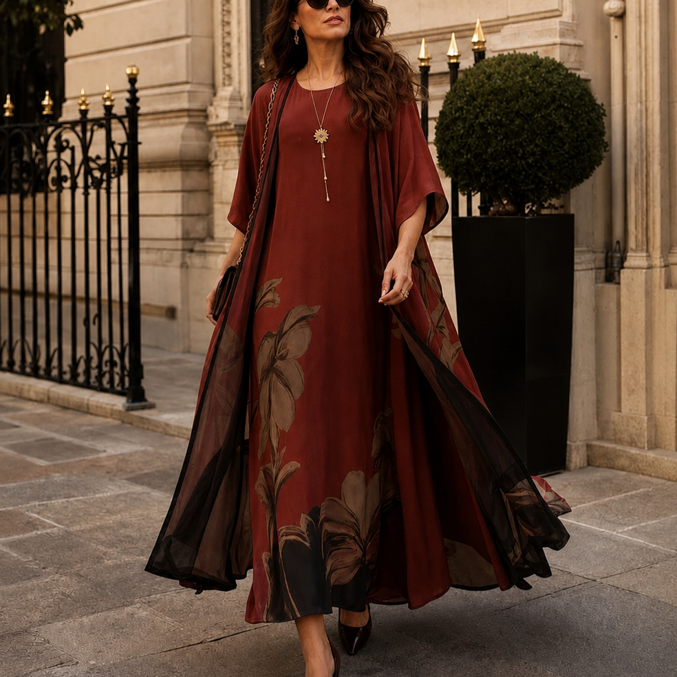 Florenza™ – Floral Maxi Dress and Sheer Voile Coat Set