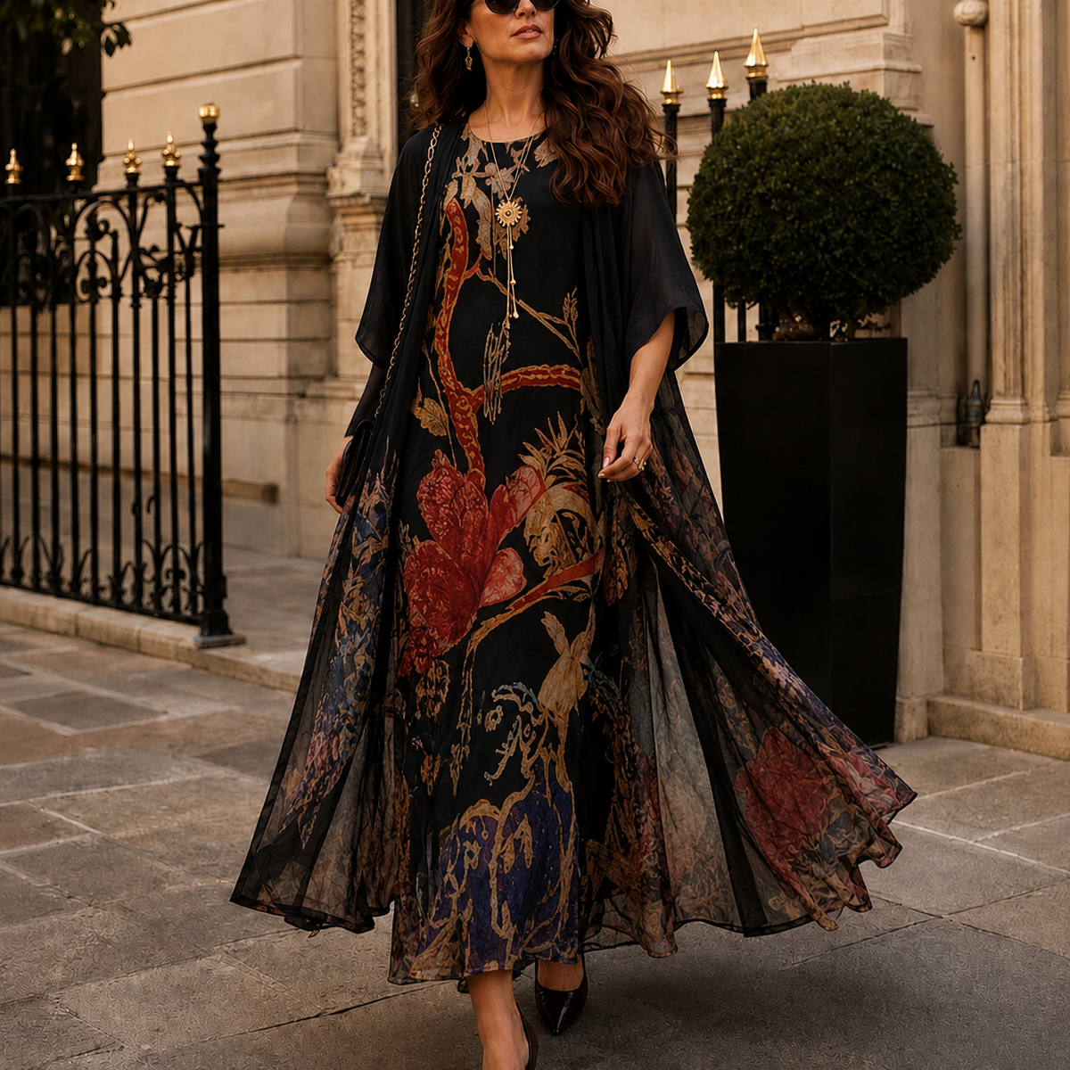 Florenza™ – Floral Maxi Dress and Sheer Voile Coat Set
