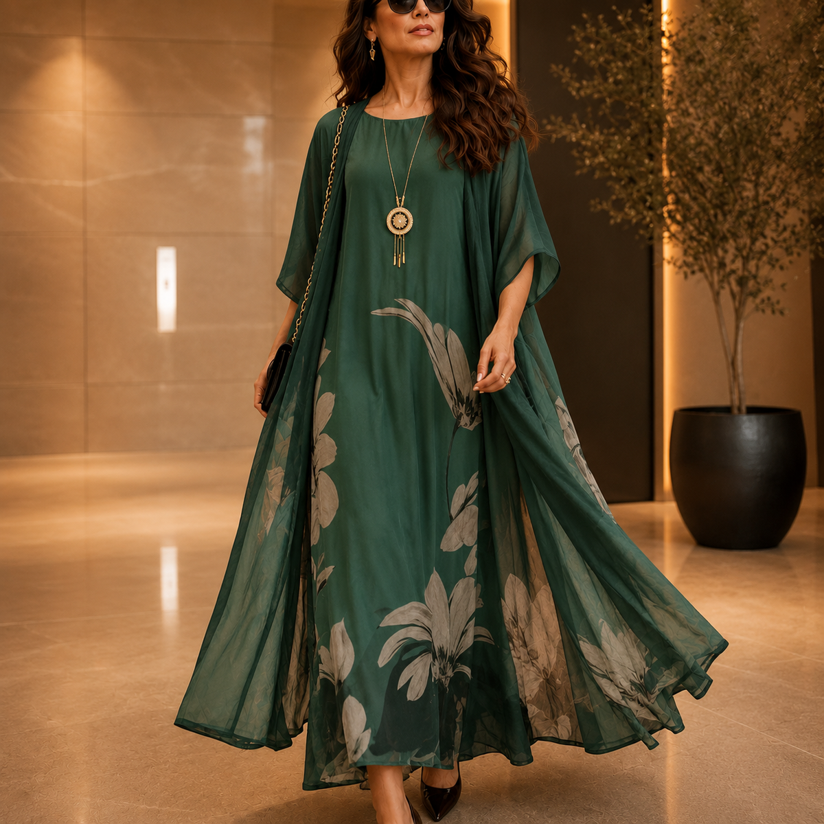 Florenza™ – Floral Maxi Dress and Sheer Voile Coat Set