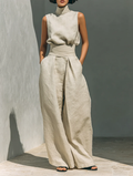 Aurora | Relaxed Beige Sleeveless Wide-Leg Co-Ord Set